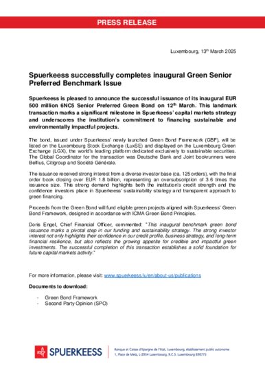 Spuerkeess successfully completes inaugural Green Senior Preferred Benchmark Issue