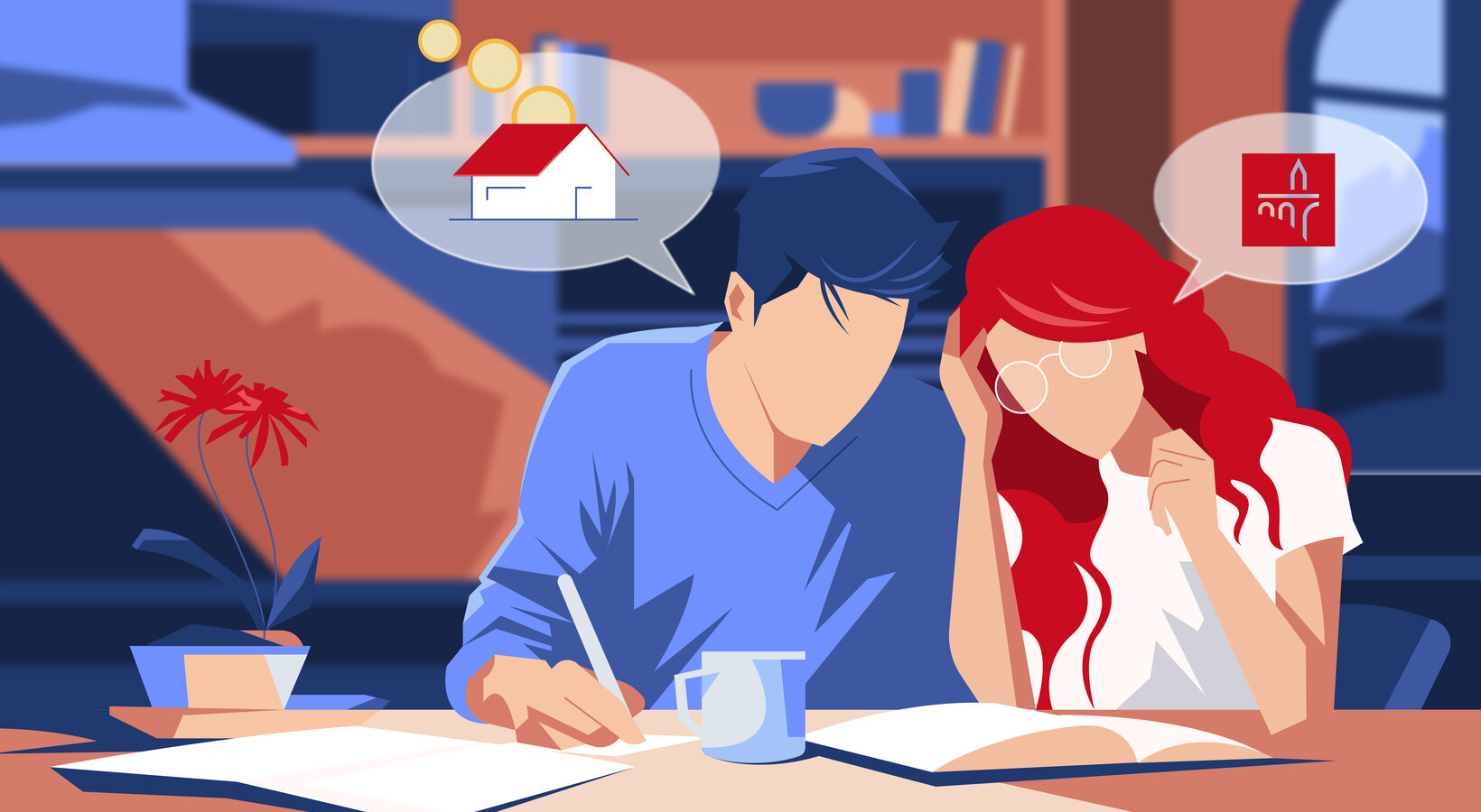 jeune couple qui fait ses calculs quant au remboursement de son prêt logement avec spuerkeess